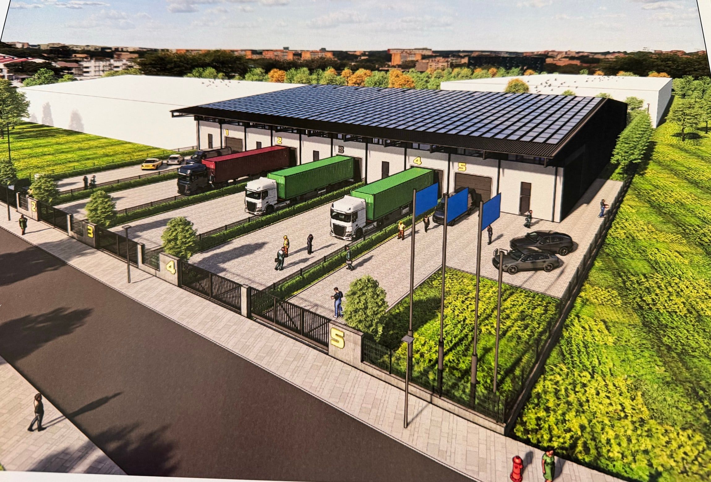 Aerial render of the Nipon industrial park — five warehouses with solar roofs and private yards.