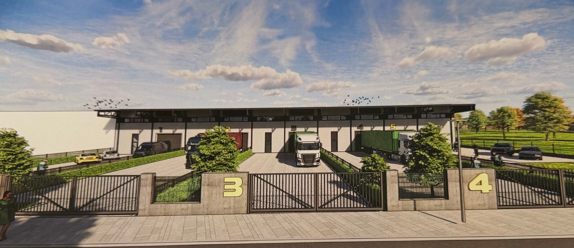 Street-level rendering of the Nipon warehouses with the private yard gates.
