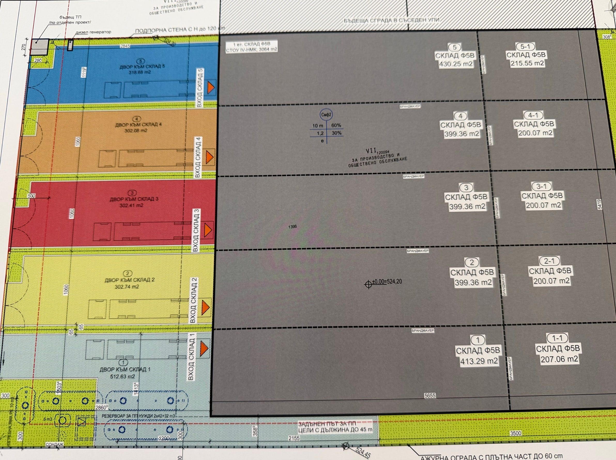 Site plan of Nipon — five warehouses numbered 1–5, private yards and shared infrastructure.